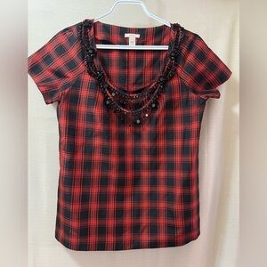 ⚫️ BOGO J.Crew women’s red plaid silk blouse with beaded neckline